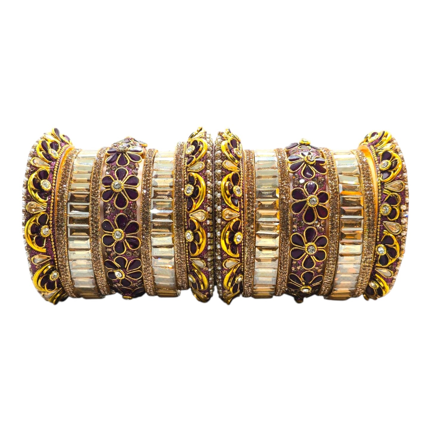 18 pcs purple gold kundan bridal bangle set – royal floral design for weddings - gehnasale
