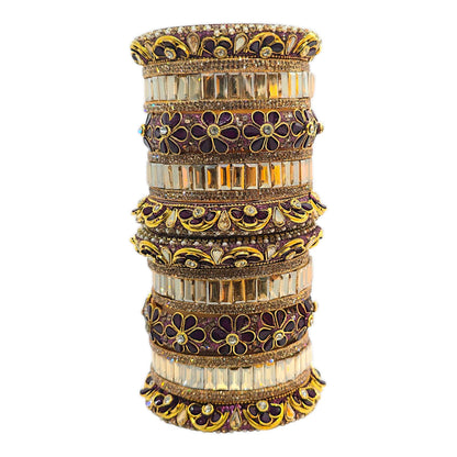 18 Pcs Purple Gold Kundan Bridal Bangle Set – Royal Floral Design for Weddings - Gehnasale
