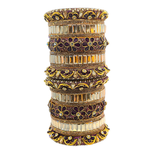 18 Pcs Purple Gold Kundan Bridal Bangle Set – Royal Floral Design for Weddings - Gehnasale