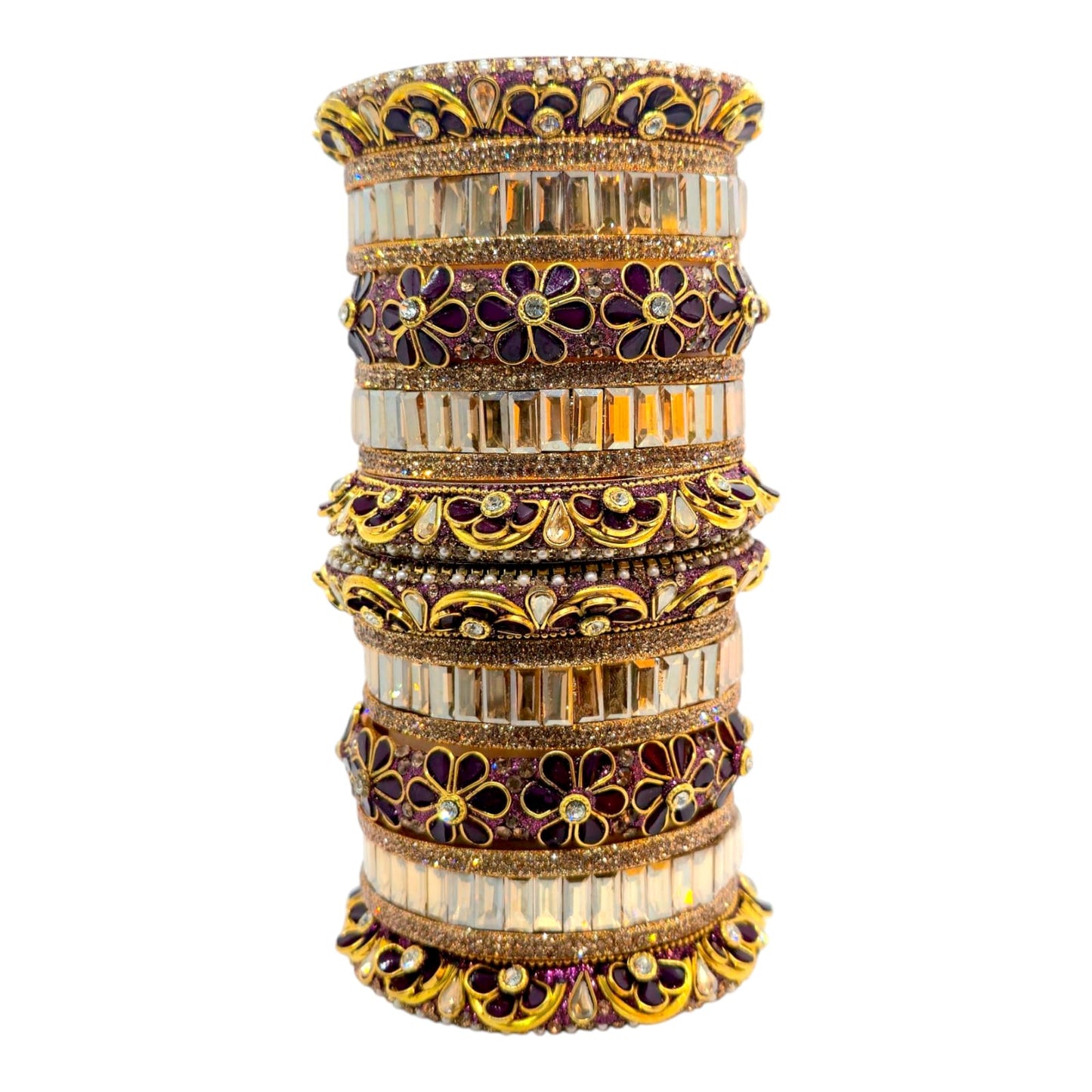 18 pcs purple gold kundan bridal bangle set – royal floral design for weddings - gehnasale