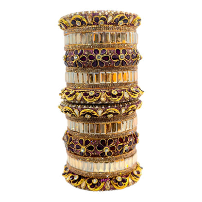 18 Pcs Purple Gold Kundan Bridal Bangle Set – Royal Floral Design for Weddings - Gehnasale