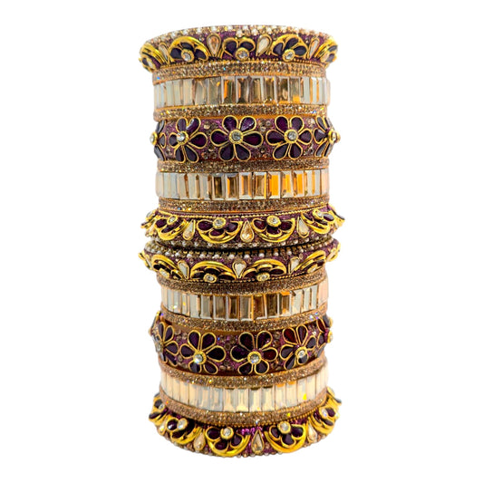 18 Pcs Purple Gold Kundan Bridal Bangle Set – Royal Floral Design for Weddings - Gehnasale