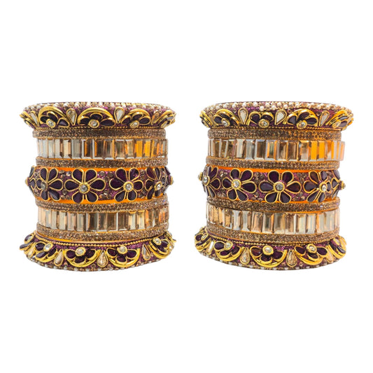18 Pcs Purple Gold Kundan Bridal Bangle Set – Royal Floral Design for Weddings - Gehnasale