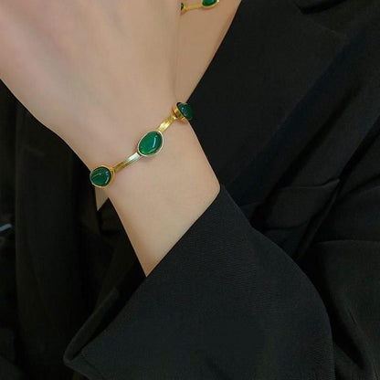 Elegant Green Stone Necklace, Bracelet & Earrings Set | Gold Plated Jewelry