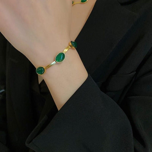 Elegant Green Stone Necklace, Bracelet & Earrings Set | Gold Plated Jewelry
