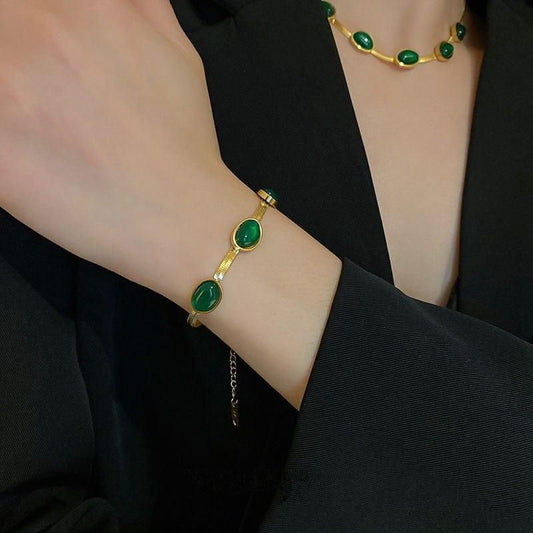 Elegant Green Stone Necklace, Bracelet & Earrings Set | Gold Plated Jewelry