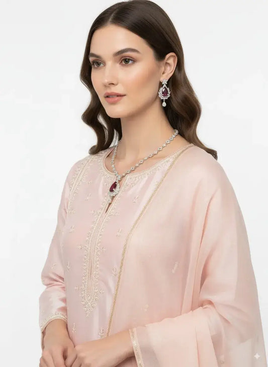 Model wearing a Red Stone CZ Necklace Set with Earrings, showcasing elegant jewelry against a pale pink outfit.