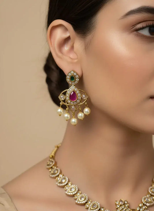 Royal Kundan Pearl Necklace Set with Multicolor Stones & Earrings worn by model showcasing elegant earrings.