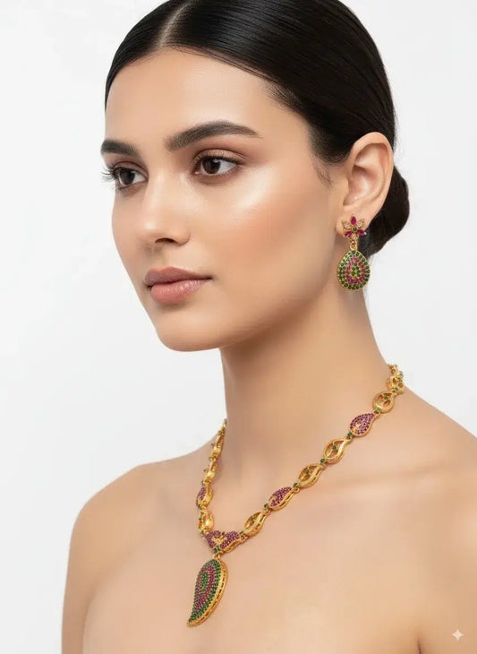 Paisley Design Multicolor Necklace Set with Earrings worn by a model, showcasing green and magenta stones.