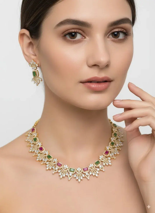 Multicolor CZ Necklace Set with Green & Magenta Stones adorns a model showcasing its elegant design.
