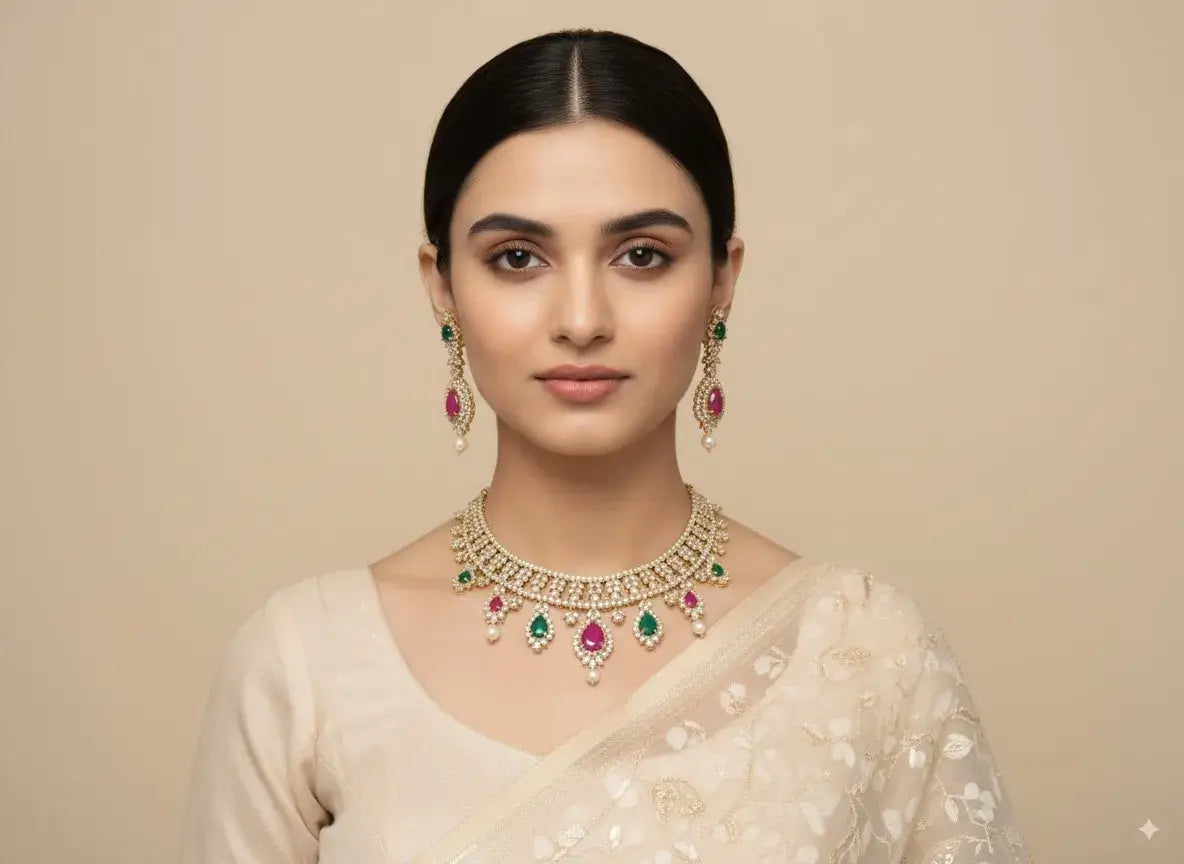pearl choker necklace set with green & magenta stones worn by model, showcasing elegance and sparkle.