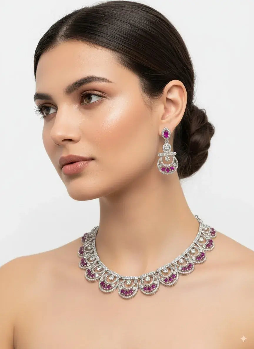 scallop design purple stone silver cz necklace set worn by a model, showcasing elegance with matching earrings.