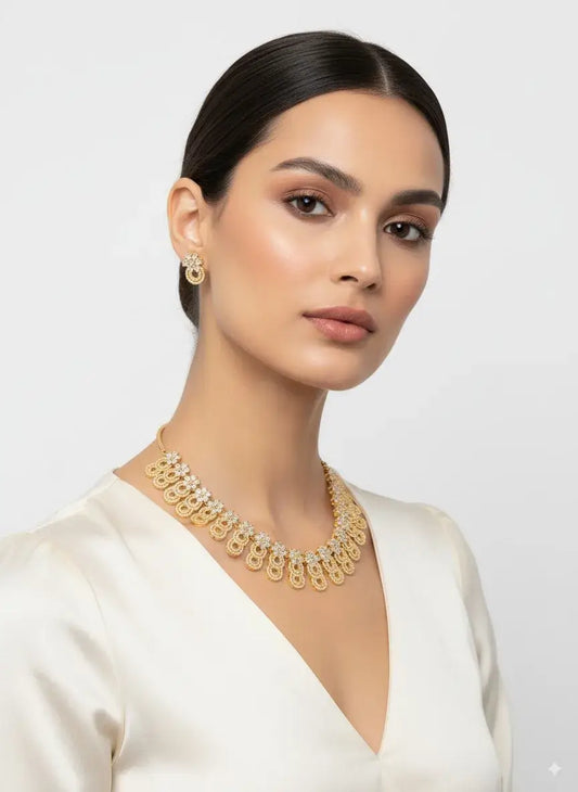 Golden Circular CZ Necklace Set with Matching Earrings worn by a model, showcasing its elegant design.