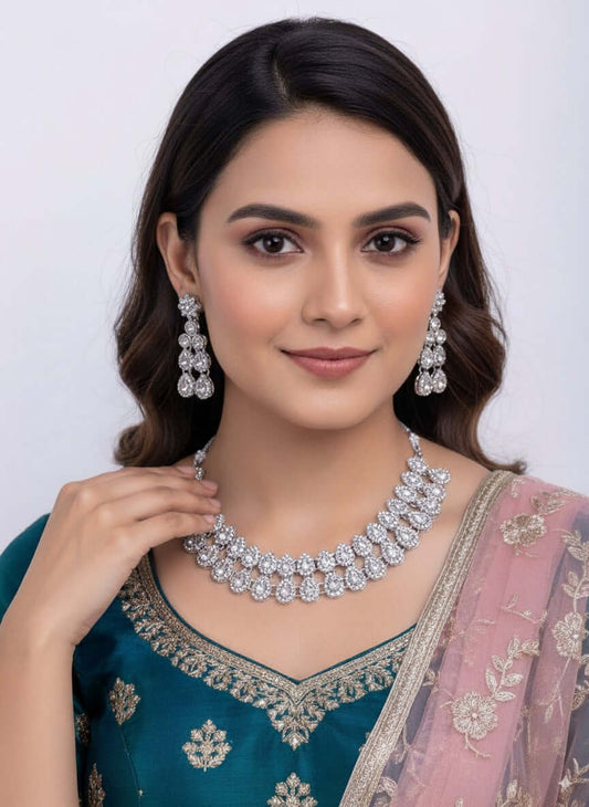 Layered CZ Diamond Look Necklace Set with Long Earrings worn by a model, showcasing its elegant design.