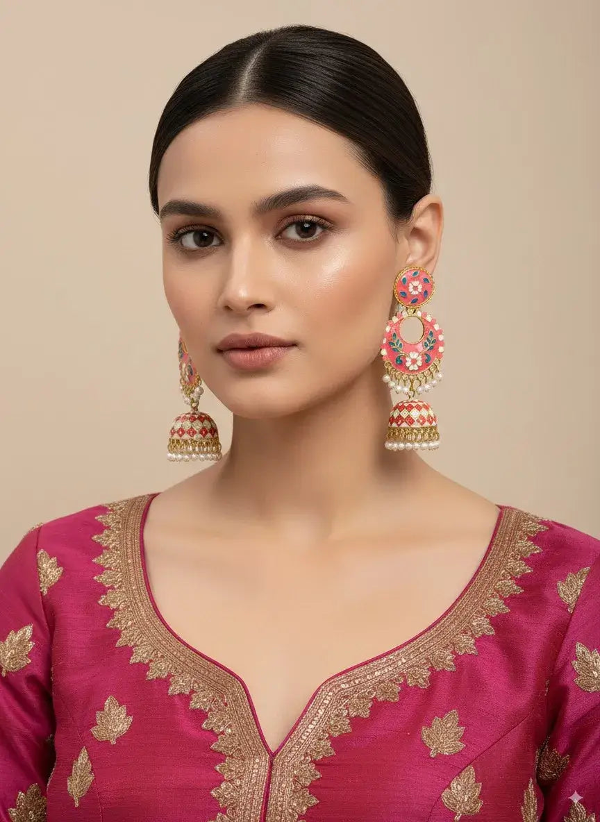gehna pink enamel jhumka earrings with pearl drops – premium festive jewellery for women worn by a model.