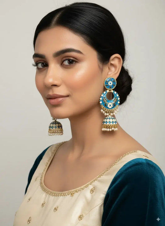 Gehna Blue Enamel Jhumka Earrings with Pearl Drops – Designer Festive Jewellery for Women displayed on a model.