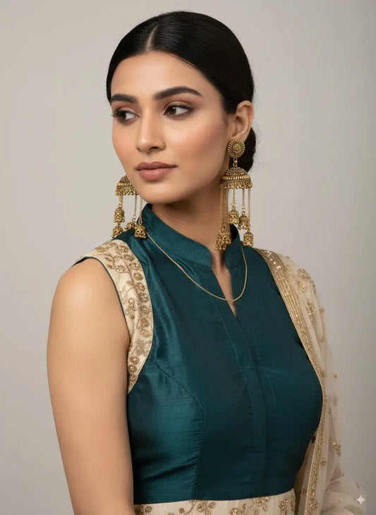 Antique Gold Multi-Layered Long Jhumka Earrings with Hanging Chains – Bridal & Festive Wear, styled with ethnic outfit.