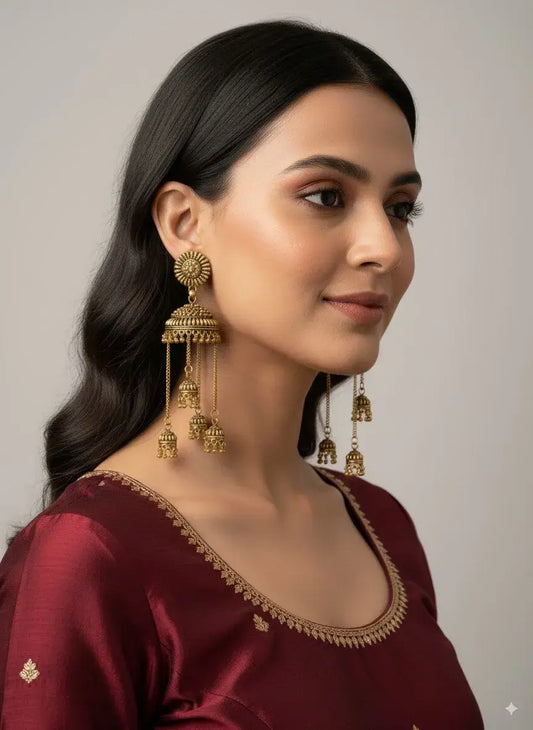 Antique Gold Multi-Layered Long Jhumka Earrings with Hanging Chains – Bridal & Festive Wear on model.