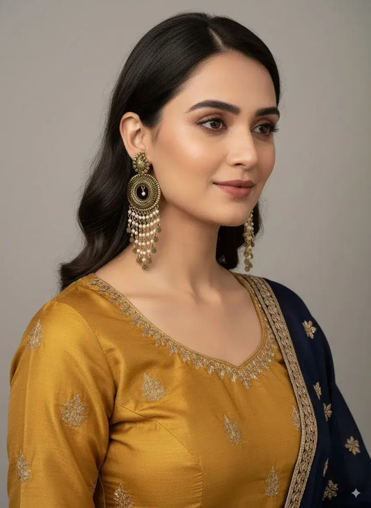 Antique Gold Plated Long Pearl Tassel Earrings – Bridal & Festive Statement Jewellery worn with ethnic attire.