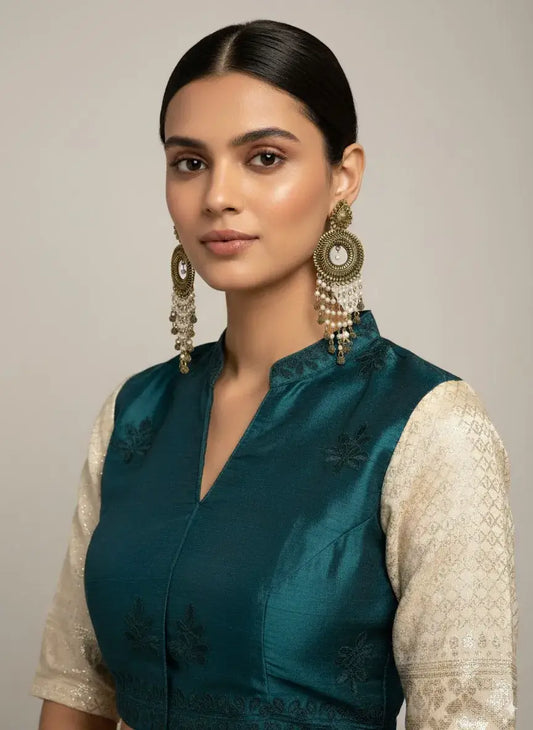 Antique Gold Plated Long Pearl Tassel Earrings – Bridal & Festive Statement Jewellery worn by a model in ethnic attire.