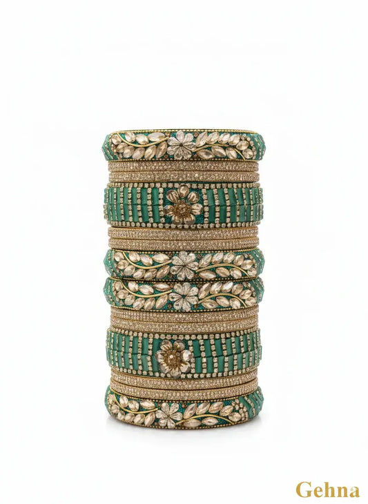 Dark Green Bridal Kundan Bangles Set – Gehna featuring floral motifs and sparkling kundan stones.