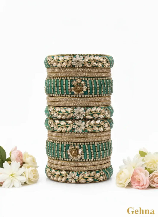 Dark Green Bridal Kundan Bangles Set – Gehna featuring intricate floral motifs and sparkling kundan stones.
