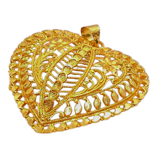 Traditional Heart‑Shaped Gold Filigree Pendant with Leaf Motifs - Gehnasale