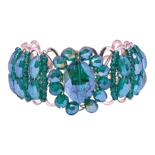 Green Crystal Beaded Bracelet with Gold Wirework for Women - Gehnasale