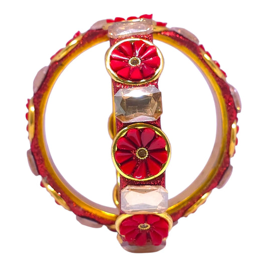 Red Floral Stone Bangle Set – Traditional Golden Wedding Bangles - Gehnasale