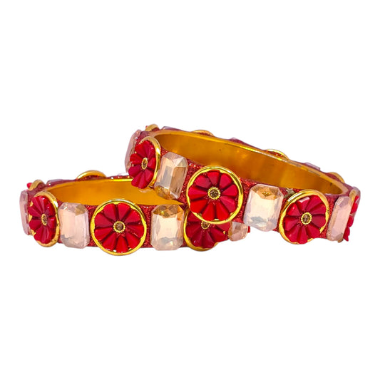 Red Floral Stone Bangle Set – Traditional Golden Wedding Bangles - Gehnasale