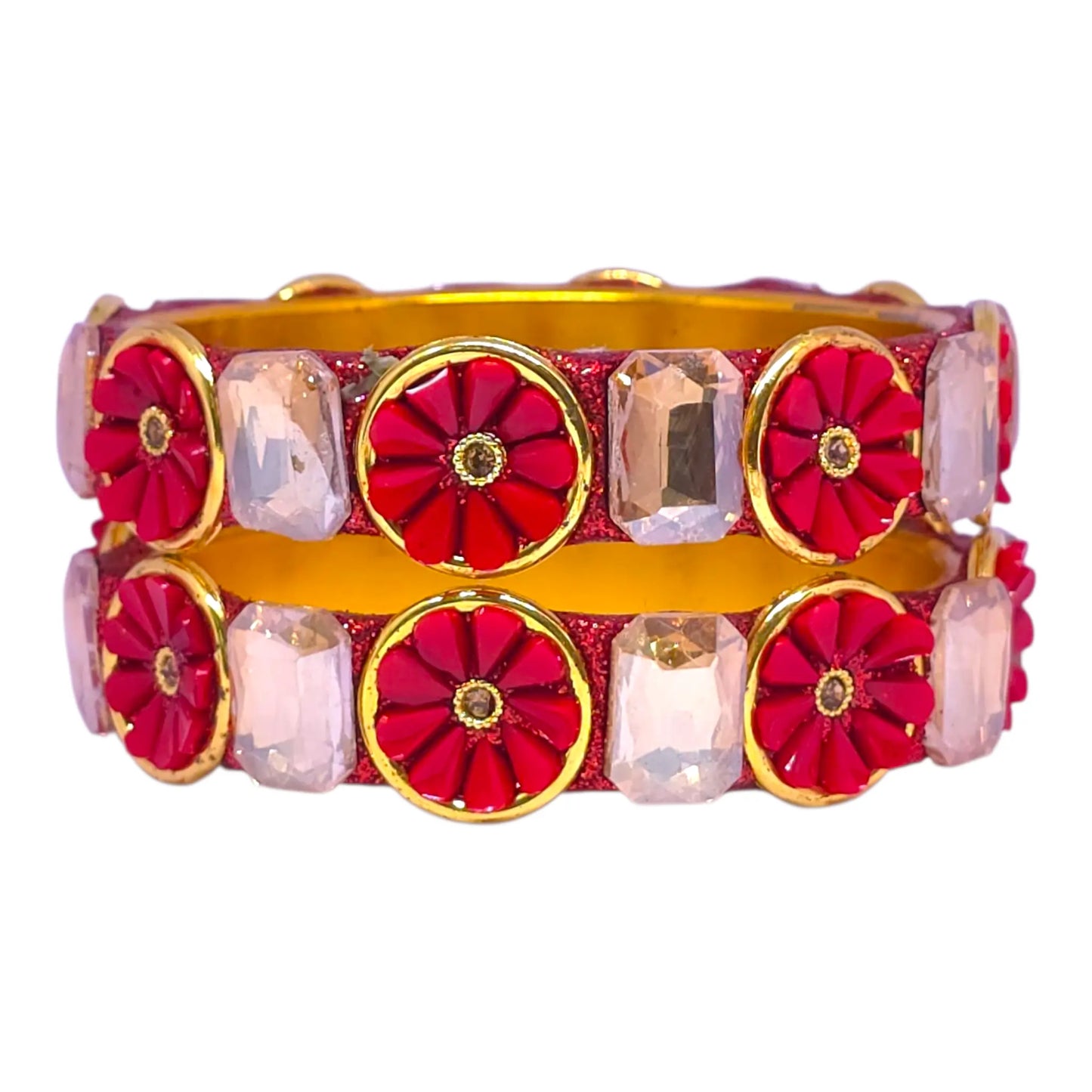 red floral stone bangle set – traditional golden wedding bangles - gehnasale