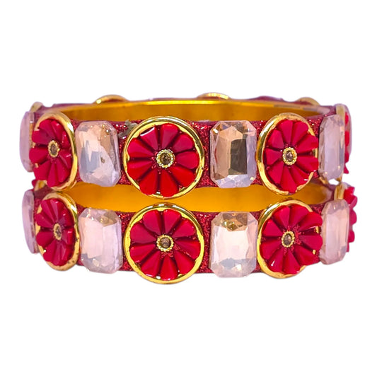 Red Floral Stone Bangle Set – Traditional Golden Wedding Bangles - Gehnasale