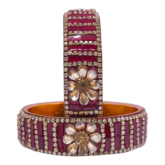 Dark Pink Floral Bridal Bangles Set – Stone Studded Traditional Jewelry - Gehnasale
