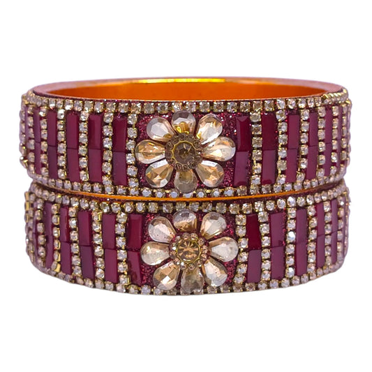 Dark Pink Floral Bridal Bangles Set – Stone Studded Traditional Jewelry - Gehnasale