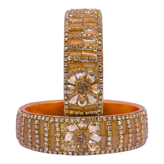 Beige Golden Floral Stone Bangle Set – Traditional Wedding Jewelry - Gehnasale