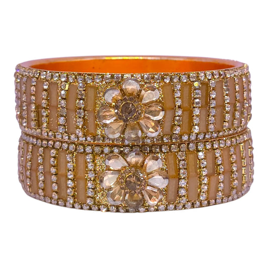 Beige Golden Floral Stone Bangle Set – Traditional Wedding Jewelry - Gehnasale