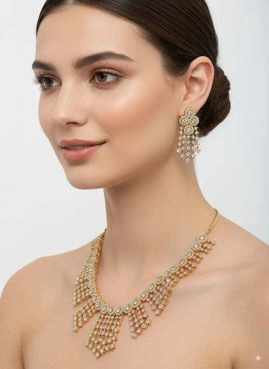 CZ Cascading Necklace Set with Statement Earrings worn by a model, showcasing intricate floral patterns and elegant design.