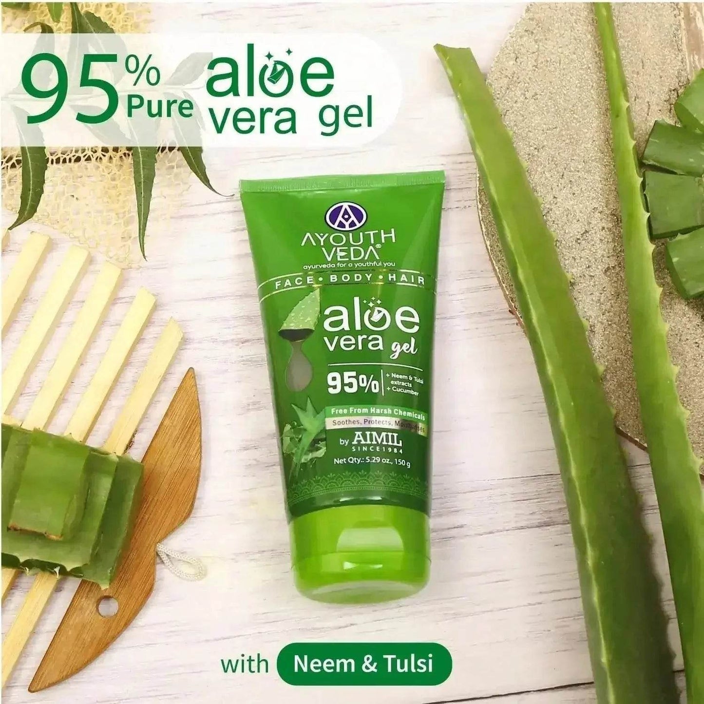 ayouthveda aloe vera gel – multipurpose hydrating gel for face, body & hair | non-greasy formula with neem, tulsi & cucumber | soothes sunburn & evens skin tone | 100g