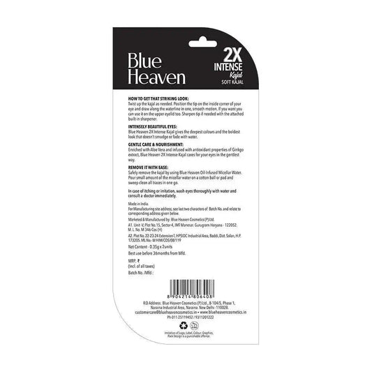 Blue Heaven 2X Intense Kajal | Black Shock | 24Hr Stay | Smudge-Proof & Long-Lasting | Enriched with Aloe Vera | 0.30g - Gehnasale