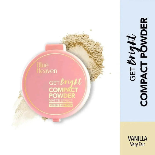 Blue Heaven Get Bright Compact Powder | SPF Protection | Oil-Free | Matte Finish | Lightweight Formula | Vanilla Shade | 16g