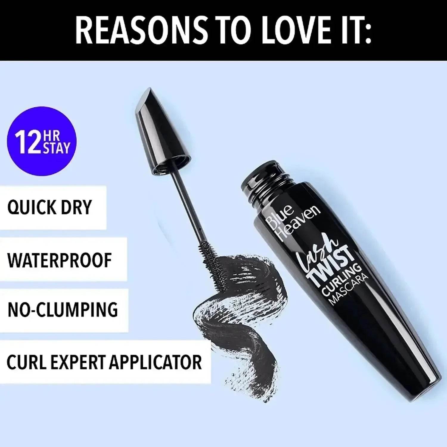 Blue Heaven Lash Twist Curling Mascara - Waterproof, Quick Dry, No Clumping, Long-Lasting, 12ml