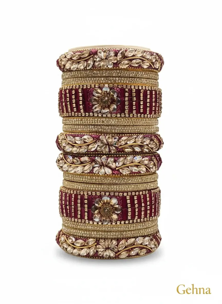 Maroon Golden Floral Stone Bangles Set – Bridal & Traditional Party Jewelry showcased in elegant stack.