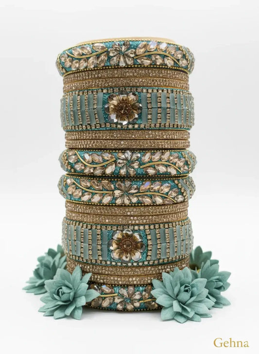 Teal Blue Floral Stone Bangles Set – Bridal & Ethnic Party Wear Jewelry featuring intricate designs and floral motifs.
