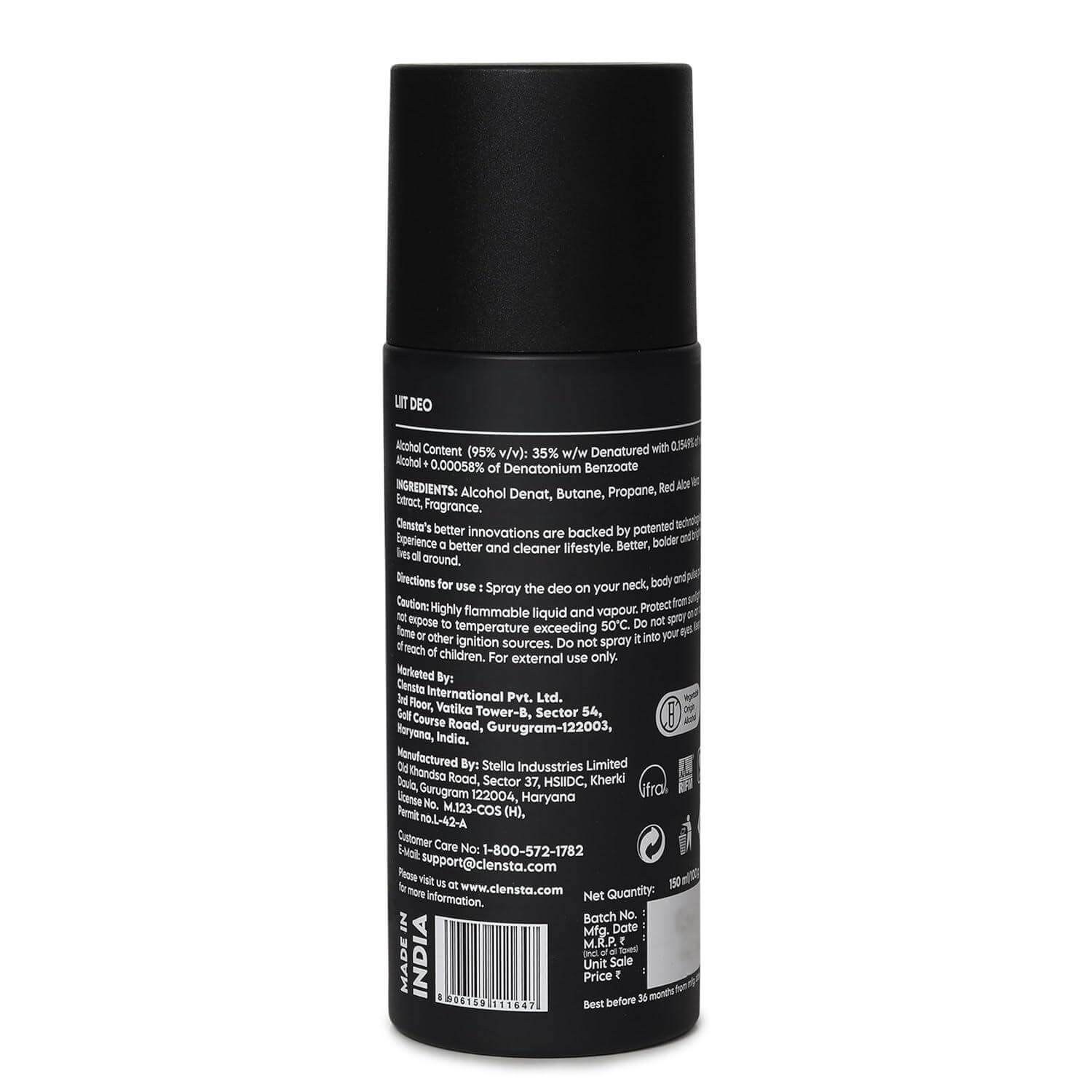 Clensta Liit Deodorant Body Spray - 150ml, Long Lasting Perfume, Aloe Vera Extract