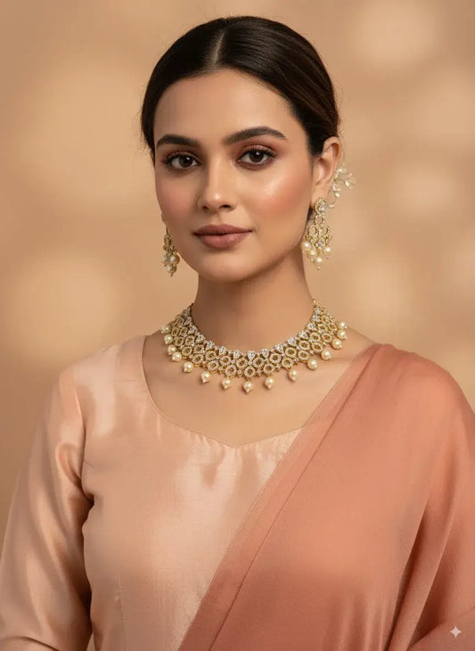 CZ Pearl Drop Choker Necklace Set with Earrings worn by model showcasing elegant design and festive style.