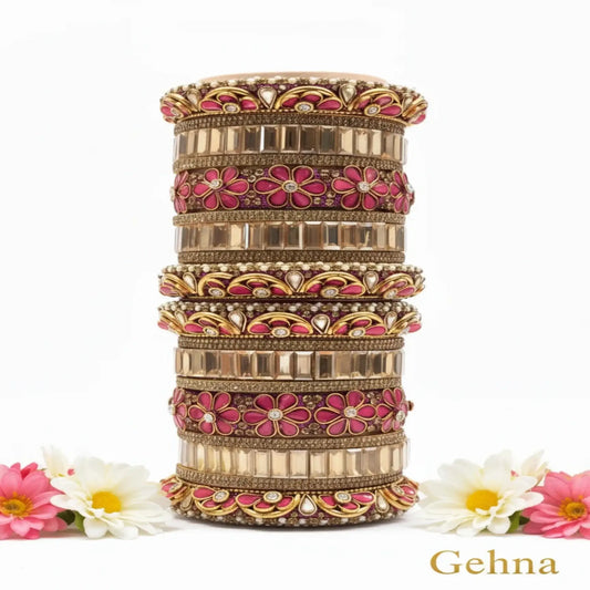 Dark Pink & Gold Bridal Floral Bangles – Premium Ethnic Jewellery Set displayed with vibrant floral motifs.