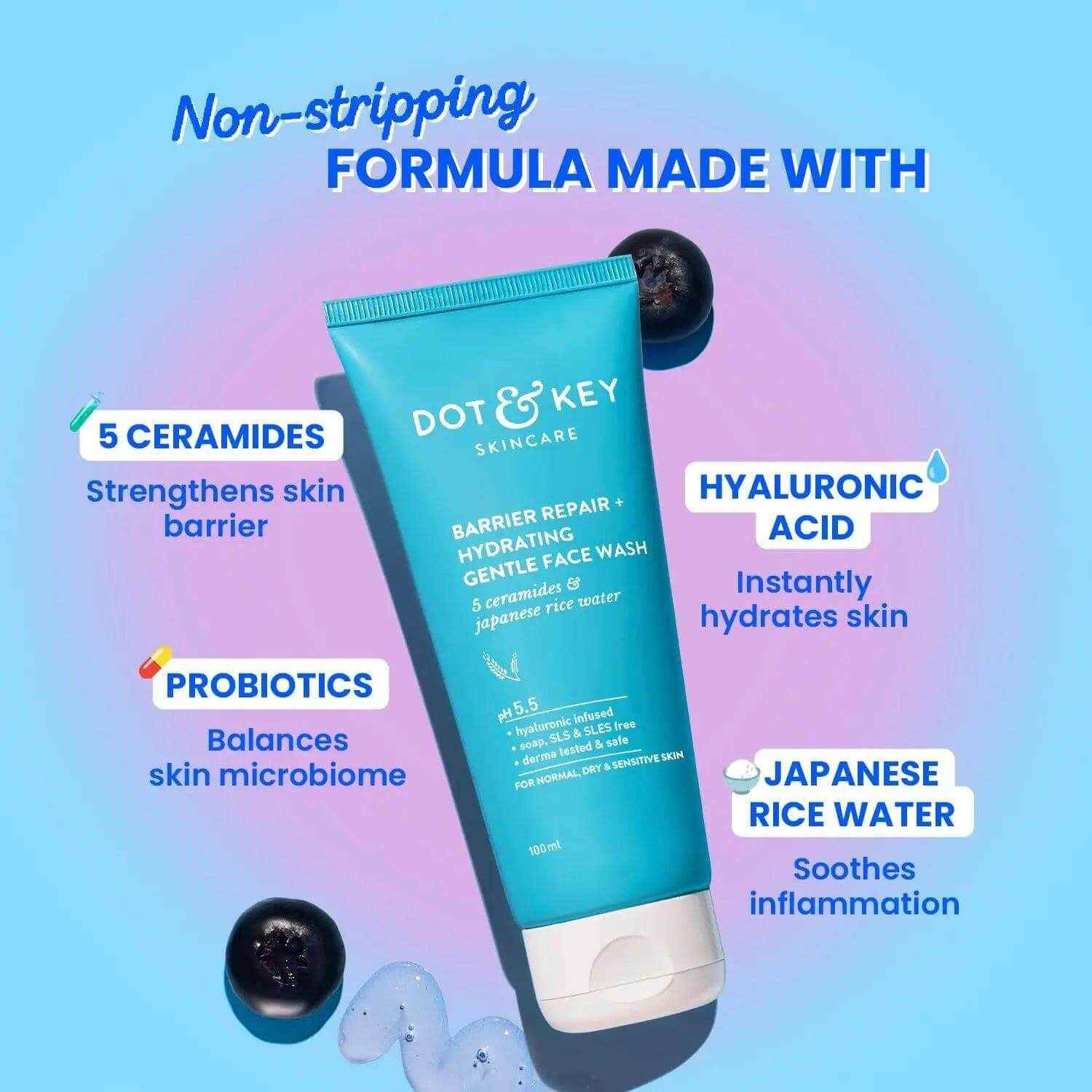 Dot & Key Barrier Repair Gentle Face Wash – 100ml | With Ceramides & Probiotics | Hydrating Cleanser for Dry, Normal & Sensitive Skin | Unisex Use