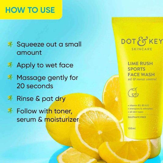Dot & Key Lime Rush Sports Face Wash – 100ml | Deep Cleans Sweat, Oil & Dirt | Sulphate-Free, Non-Drying Cleanser for All Skin Types | Post-Workout Freshness