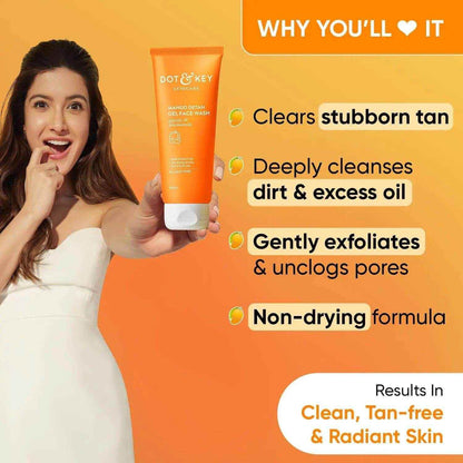 Dot & Key Mango De-Tan Gel Face Wash – 100ml | Fades Tan, Removes Dirt & Oil | Brightening Cleanser for All Skin Types | Gentle Daily Face Wash