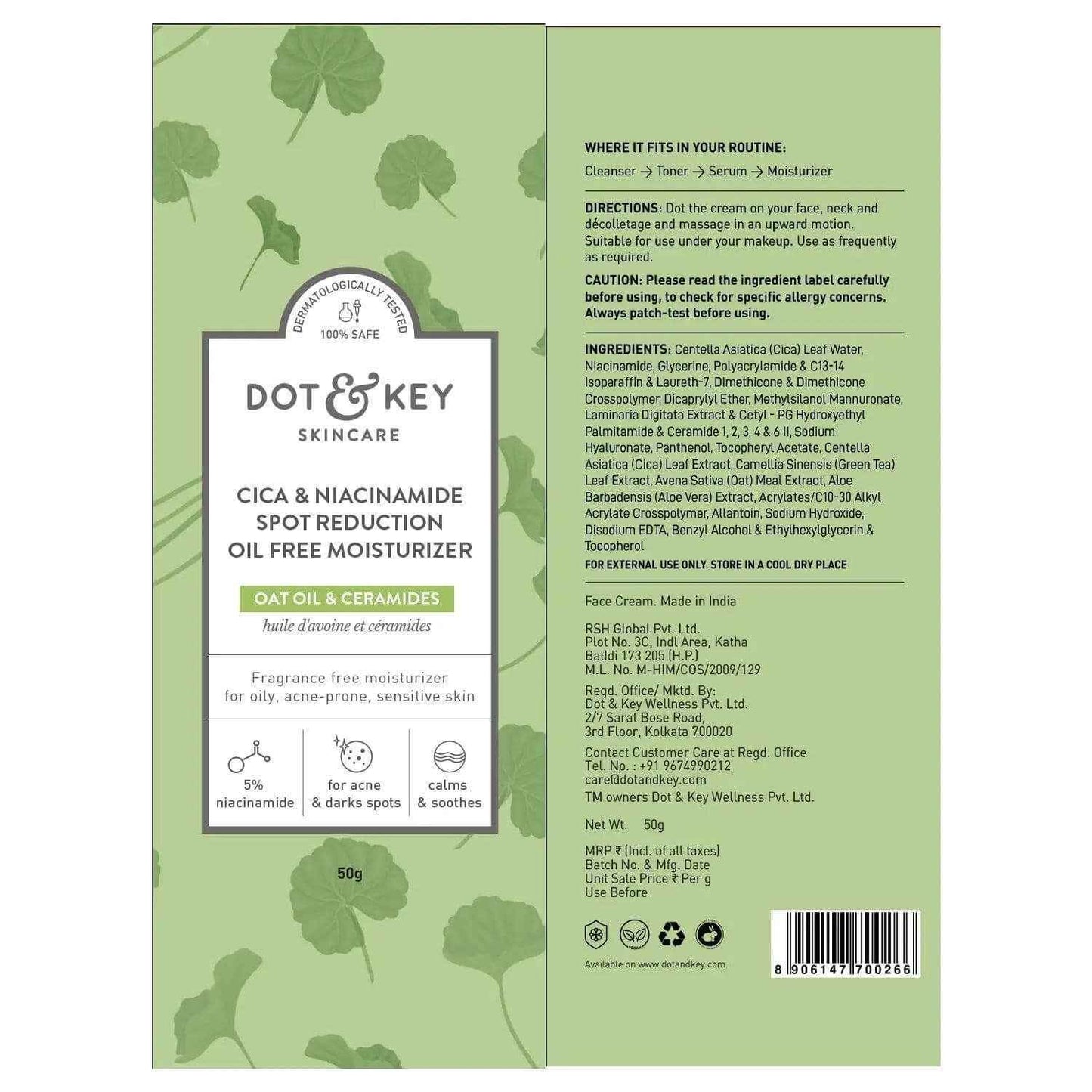 dot & key niacinamide & cica oil-free moisturizer – 60ml | soothes redness, fades acne marks & dark spots | for oily, acne-prone & sensitive skin